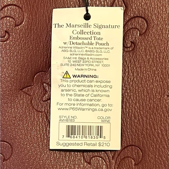 NWT.. Adrienne Vittadini Marseille Wine Leather Embossed Tote & Pouch MSRP $210 - Picture 4 of 9